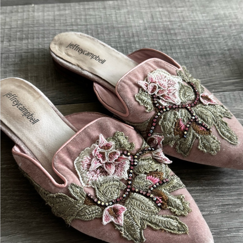 Jeffrey Campbell Pink and Green Embroidered Mules